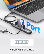 ORICO 7-Port USB 3.0 Hub, Aluminum USB Multiple Adapter, 5Gbps USB Extender USB Splitter with 1.64Ft Cable, UBS-A Hub Long Cable for Desktop, PC, Flash Drive, Mobile HDD, Windows/XPS