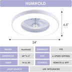 HUMHOLD 24" Bladeless Ceiling Fans with Lights and Remote/APP Control, Low Profile Ceiling Fan with 3-Dimmable Lights, Enclosed Flush Mount Ceiling Fan for Kid's Bedroom/Living Room