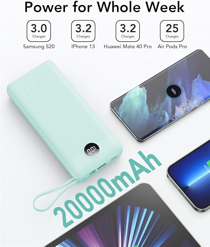 VRURC Portable Charger 20000mAh, Built-in Cables Fast Charging Power Bank, PD QC 3.0 Travel Essentials Battery Pack, 4 Output & 2 Input Phone Charger for iPhone16 15 14 13 X, Samsung, Android-Green