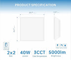 2X2 LED Flat Panel Light Emergency Battery Backup, 40W-3000K/4000K/5000K, 0-10V Dimmable, 4390 Lumens, LED Drop Ceiling Light, 100-277V, DLC and UL Listed, Ultra Thin Back-Lit (1 Pack)