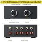PROZOR RCA Switch 4 Way Bi-Directional RCA Splitter with Volume Control and Switch Button, R/L Audio Selector with No Power Supply Needed for DVD Stereo Speaker CD Player