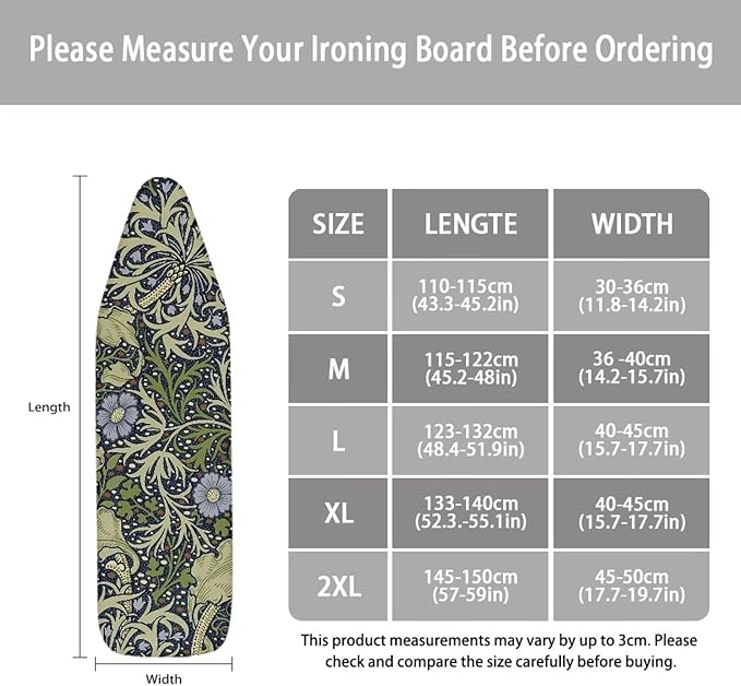 ZCFYGDX William Morris Prints Ironing Board Cover with Elastic Edge 3 Bottom Nylon Buckle Straps Breathable Resist Scorch Staining Suitable for Size-L Iron Board House Oil Paintings Art Decor
