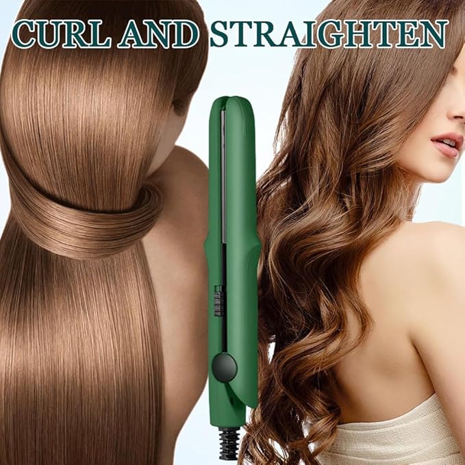 2026 New Mini Curling Iron for Short Hair, 2 in 1 Mini Curling Wand & Flat Iron Hair Straightener, Dual-Purpose Curling Iron, Portable Travel Curling Wand Hair Straightener (Green)