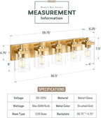METWET Bathroom Light Fixtures, 30" Brushed Gold Vanity Light, 5-Light Modern Wall Sconces with Square Clear Glass Shade, Vanity Lighting Fixtures Over Mirror, VL194-BG-5