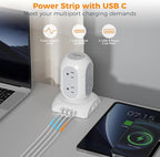 TESSAN Surge Protector Power Strip Tower, Flat Plug Extension Cord 10 Ft with 8 AC Multiple Outlets 4 USB Ports (1 USB C), 1050J Protection Desk Charging Station for Home, Office Supplies, Dorm Room