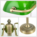Newrays Green Double Head Glass Bankers Desk Lamp with Pull Chain Switch Plug in Fixture for Library, Office, Cafe