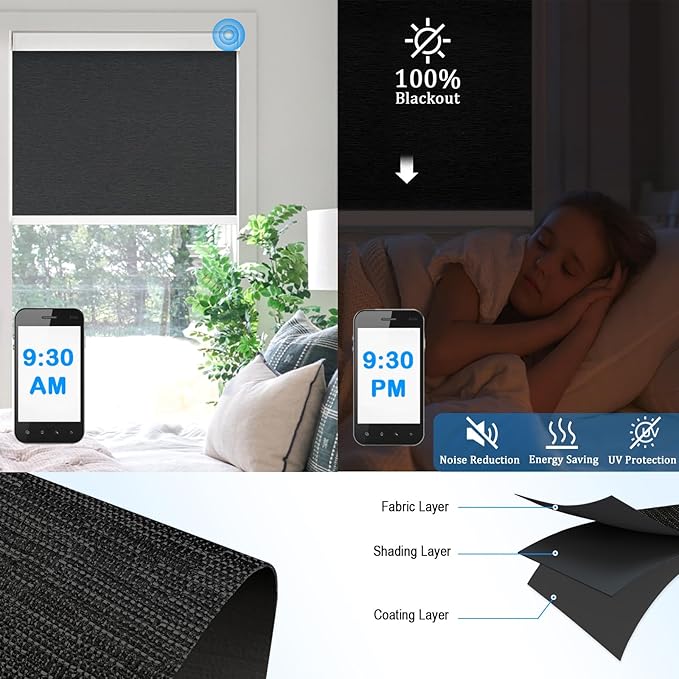 COOLWINDS Motorized Blinds with Remote Cordless Automatic Motorized Shades Custom Blinds for Windows Smart Curtains Compatible with Alexa Google Home(Blackout Jacquard Black,W20 x H72in)