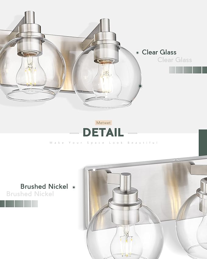 METWET Bathroom Light Fixtures, 6 Light Brushed Nickel Vanity Light, 38 Inch Modern Wall Sconces with Globe Clear Glass Shade, Vanity Lighting Fixtures Over Mirror, VL195-BN-6