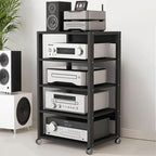 Dernoing 5 Tier Audio Rack Tower, CD Record Player Stereo Receiver AV Equipment Cabinet Display Rack, Weight Capacity 661 lbs, with Adjustable Wooden Shelves for Home (5 Tier Black)