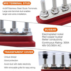 AMOMD 300A Bus Bars 4 Terminal Studs (3/8 inch) M10 Nickel Plated Copper Distribution Block Negative Electrical Buss Bars 12-48 V DC with Cover for Trailer Marine Boat Car RV (Red)