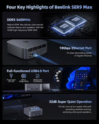 Beelink SER9 Max Mini PC AMD Ryzen 7 H 255 (8C/16T, up to 4.9GHz), 32GB DDR5 RAM 1TB PCle4.0 SSD, Radeon 780M Graphics, USB4.0/ Triple Display/ WiFi6/ BT5.2/10Gbps LAN Mini Computer