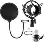 Anti-vibration Microphone Shock Mount for 46mm-50mm Condenser Microphones with Pop Filter for Broadcasting Studio Music Recording, Wind Pop Screen Flexible 360 Degree Gooseneck Clip Arm