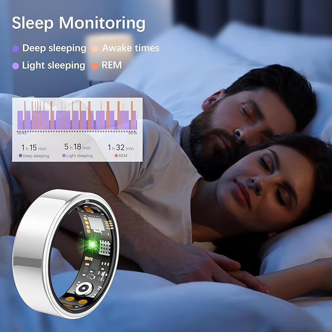 Smart Health Ring for Women Men, Fitness Tracker Ring with Heart Rate, Blood Oxygen, Sleep Tracker, Step Tracker, No Subscription Fee, IP68 Waterproof Smart Ring for iphone & Android (Silver, 12#)