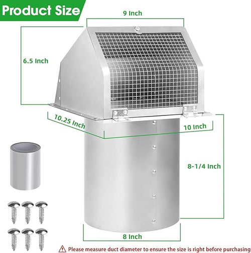 8 inch Wall Vent Ccover,Exhaust Vent Hooded Wall Vent with Screen and Damper,Outdoor Wall Exhaust Vent Cap Exterior Air Vent Cover for Kitchen Range Hood HVAC Duct Dryer Ventilation,Stainless Steel