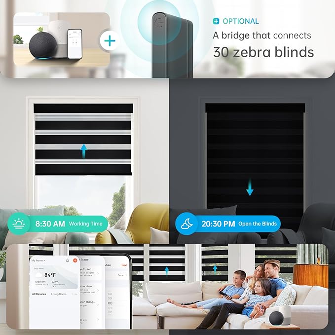 Motorized Zebra Blinds, Solar Powered Dual Layer Automatic Shades with Remote Control, Rechargeable Smart Blinds Horizontal Wireless Electric Shades for Windows, Custom Size, Black， 39 x 72