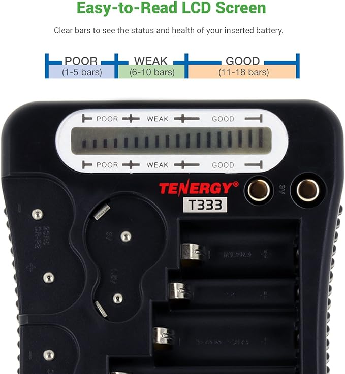 Tenergy T-333 Universal Battery Tester, LCD Display, Cell Checker, Multi-Purpose Small Battery Tester, for AA, AAA, C, D, 9V, CR123A, CR2, CRV3, 2CR5k CRP2, and Button Cell Batteries