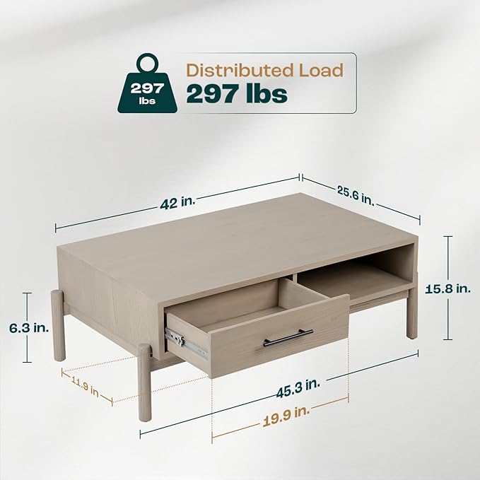 Bme Coffee Table for Living Room, Lyra Solid Wood Rectangle, Mid Century Modern Center Table with Storage, Easy Assembly, Oak Light Grey