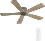 WINGBO 54" Flush Mount DC Ceiling Fans without Lights, 5 Carved Solid Wood Blades, 6-Speed Reversible DC Motor, Low Profile Hugger Ceiling Fan No Light for Living Room Bedroom Patio, Graphite and Gray