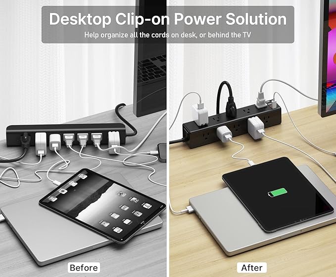 CCCEI Standing Desk Clamp Power Strip with 15 Outlets, Widely Spaced Desktop Edge Mount Surge Protector Outlet, Fast Charging USB-A and USB-C Ports, 4 FT Flat Plug, Black Fit 1.6 inch Table top.