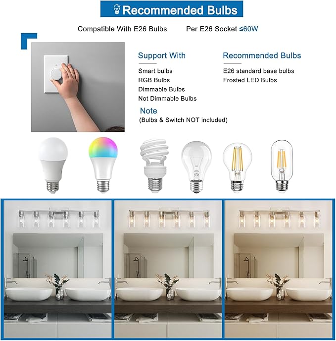 6 Light Bathroom Light Fixtures, Bathroom Vanity Light with Clear Glass, Brushed Nickel Bathroom Lighting Fixtures over Mirror, Large Vanity Lights for Bathroom, Vanity Lights for Mirror, Wall Sconce