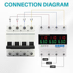 KNMIPJD Over Under Voltage Protection Device, 110V 63A Adjustable Circuit Breaker with LED Display for Real-Time Monitoring of Voltage, Current, Power, Home Commercial Electrical Safety（4P 63A）