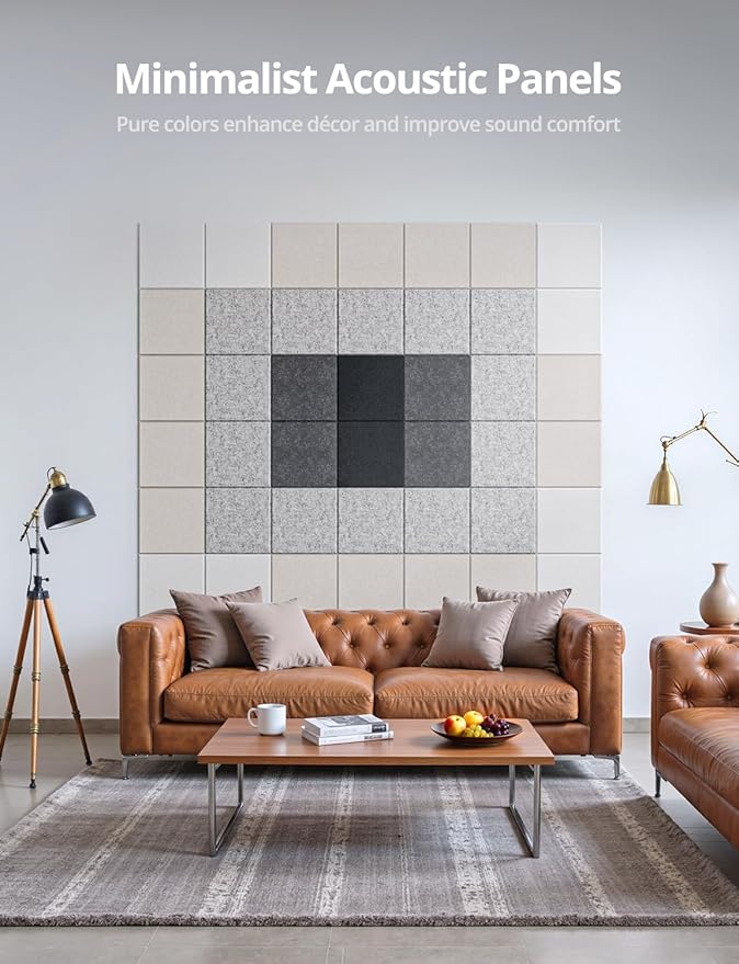 Square Acoustic Wall Panels, Sound Absorbing Panels for Walls, Ceiling, Doors, 12 Pack 12"x12"x0.4" Self Adhesive Decorative Beige Acoustic Tiles for Recording Studio, Office, Room, Home