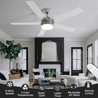 POCHFAN 52 Inch Brushed Nickel Ceiling Fans with Lights,Ceiling Fan with Remote Control,Reversible DC Motor,3 CCT 6-Speed,Noiseless Ceiling Fan for Bedroom,Living Room,Dining Room,ETL Listed