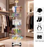 Exttlliy Retail Display Stand Store Display Rack 6 Tier Metal Spinning Display Stand Rack with Wheels Keychain Jewelry Stocking Hat Stand with Hooks for Malls, Showroom, Retail Store (6 Tier White)