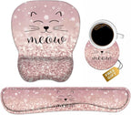 Ergonomic Mouse Pad Wrist Support and Keyboard Wrist Rest Set with Coasters, Non-Slip PU Base, Easy Typing & Pain Relief for Computer Laptop Home Office, Cute Cat Face Smile Meow