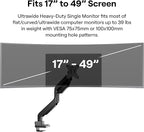 Pixio PS2S Ultrawide Heavy-Duty Premium Single Monitor Arm Stand Desk Mount - Fits up to 49 inches Monitors, Weights up to 39lbs Flat / 31lbs Curved, Compatible with VESA 75x75mm 100x100mm