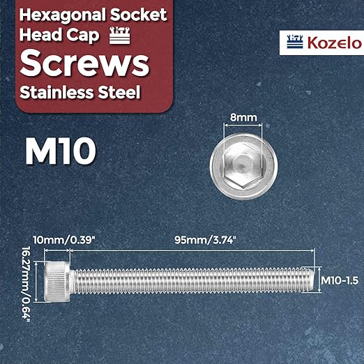 Kozelo 2pcs Socket Head Cap Screws - [M10-1.5 x 95mm] 304 Stainless Steel Allen Socket Drive for Electrical Motor 3D Printing Fan Engine Replacement Use, Silver