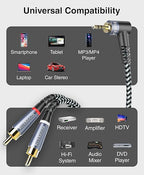 BlueRigger 3.5mm Aux to 2RCA Audio Cable (6FT, 90D Stereo Splitter Y 2RCA Male, Braided, 1/8" RightAngled TRS to RCA, Hi-Fi Sound, Metal Shell) - for Phones, Amplifiers, Tablets, Home Theater, HDTV