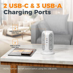 TESSAN Tower Power Strip with Individual Switches, Surge Protector with 12 Outlets, 5 USB Ports(2 USB C), Flat Extension Cord 10 Ft, 1250W, Charging Station for Multiple Devices, for Office, Dorm
