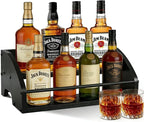 Wooden Liquor Bottle Display Shelf, Coffee Syrup Rack Organizer, 2 - Step Countertop Wine Rack, Rustic Mini Bar Cabinet, Home Retro Bar Shelf Stand for Liquor Whiskey, Spirits (Black)