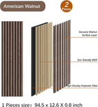 ARMURO Wood Panels for Wall - 2 PCS Wood Slat Wall Panel, Natural Walnut Veneer Acoustic Wall Panels - 12.6" W x 94.5" L