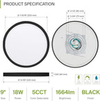 ASD LED 9" Round Flush Mount Ceiling Light Fixture, Low Profile Surface Lighting | 5CCT, Dimmable, Ultra-Thin, ETL Listed | 18W 1660LM 2700-6000K 120V | Kitchen, Bedroom, Hallway Lamp | Black, 12 Pack