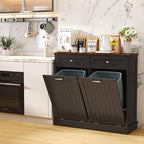 Tilt Out Trash Can Cabinet Dog Proof with Double Wood Hidden Trash Can Holder, Kitchen Free Standing Recycling Cabinet（Black）