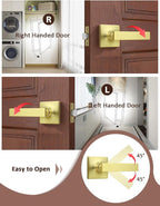 Mengico 4 Pack Passage Door Levers Gold Finish, No-Locking Keyless Square Door Knob, Interior Door Handles for Closet and Hallway, Reversible for Left & Right Handed