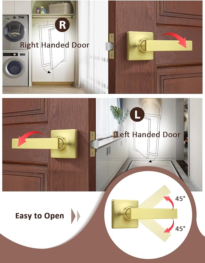 Mengico 2 Pack Passage Door Levers Gold Finish, No-Locking Keyless Square Door Knob, Interior Door Handles for Closet and Hallway, Reversible for Left & Right Handed