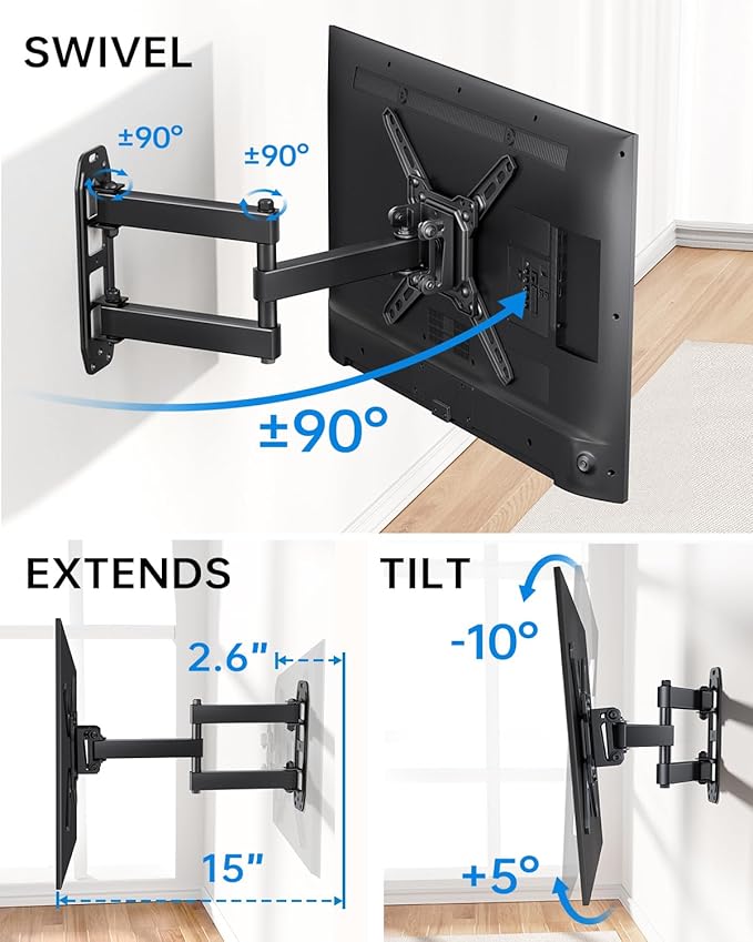 Full Motion Articulating Swivel TV Monitor Wall Mount Bracket for 13'' to 43'' TVs Articulating Arms Swivel Tilt Extension Rotation for Corner RV Motorhome Max VESA 200x200 Max Load 48 lbs