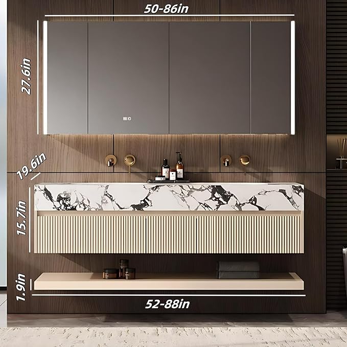 Fashionable Bathroom Vanity with Sink, Smart One-Click Defogging & LED Light, Bathroom Sink and Cabinet with Wave Striped Panel, Rockslab Countertop (Mirror Cabinet, 72IN)