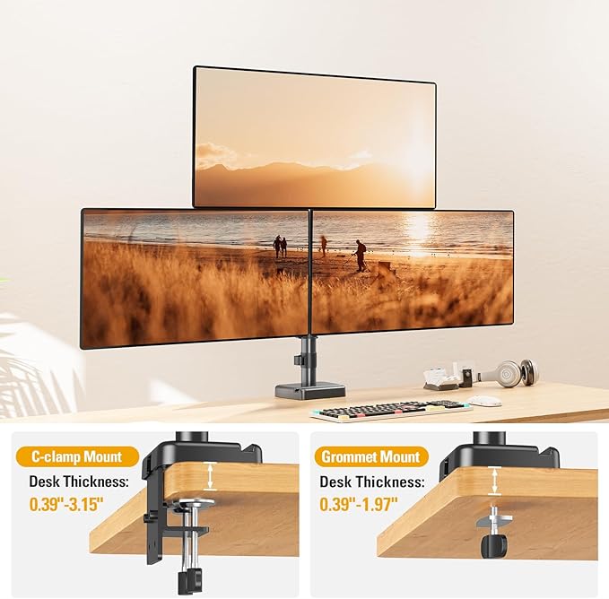 DreamAxis Triple Monitor Mount up to 32" Computer Screen, up to 19.8lbs Each, Adjustable 3 Monitor Stand with Clamp & Grommet Kit, Gas Spring Arm with Tilt Swivel Rotate, VESA Mount 75x75/100x100mm