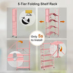 Storage Shelves with 20 Hooks, 5-Tier Foldable Shelves for Storage, Folding Shelf Unit Pantry Shelves with Wheels, Standing Shelving Unit for Kitchen Garage Home Office Room Greenhouse, Pink