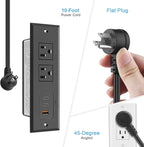 CCCEI Recessed Power Strip with Two USB-C Ports, Fast Charging USB A Port Desk Outlet, Black Furniture Hidden Charging Station for Side Table, End Table, with 10 FT 45 Degree Flat Plug Extension Cord.