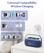 COLSUR Bluetooth Speaker Alarm Clock with Wireless Charger, FM Radio, Adjustable LED Night Light, 6 in 1 Bedroom Portable Speaker 2500mAh, Phone Stand for Bedside, Home, Office, Gift (Blue)