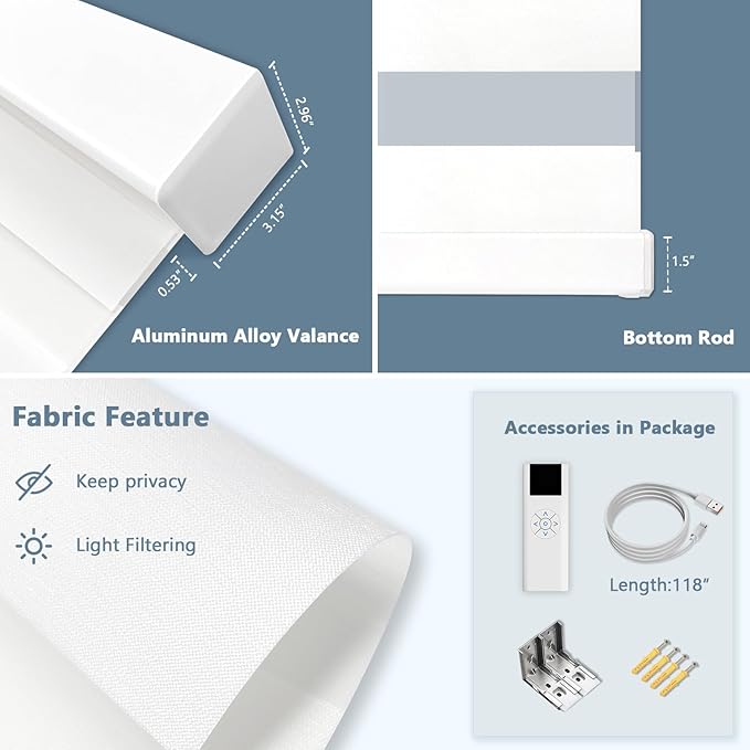 COOLWINDS Motorized Zebra Blinds for Windows Cordless Electric Curtains with Remote Control Blackout Shades Custom Smart Blinds Compatible with Alexa Google Home(Light Filtering White,W34 x H72in)