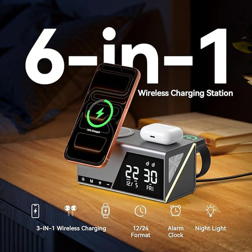 4URPC 6-in-1 Alarm Clock Wireless Charging Station for Apple Multiple Devices,MagSafe Charging Dock for iPhone 17/16/15/14/13 Series, Apple Watch, AirPods,Wireless Charger with Night Light/Alarm Clock