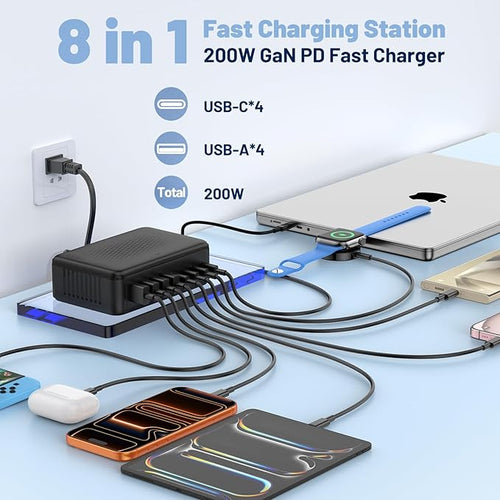 200W USB C Charging Station,8-Port GaN USB C Charger Block,PD 65W Desktop Charger, Power Strip Adapter Compatible with iPhone 17/16/ 15/14,MacBook Air/Pro,DELL,for iPad Pro,Galaxy and More,Black