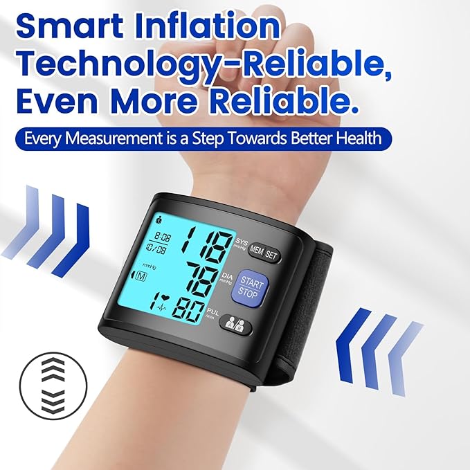 Blood Pressure Monitor Wrist Blood Pressure Cuff Automatic BP Machine with Backlit Display, 2x90 Memory, Voice Broadcast, Measurable Board Carrying Case and AAA Battery Bp Monitor(Black)