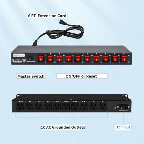 1U PDU Horizontal Rackmount Power Strip - Surge Protector 10 NEMA 5-15R Outlet 100V-240V/15A 1800 Joules, 10 Independent LED Switches, w/6 ft Cord, for Network Server, ETL Listed, by CENTROPOWER